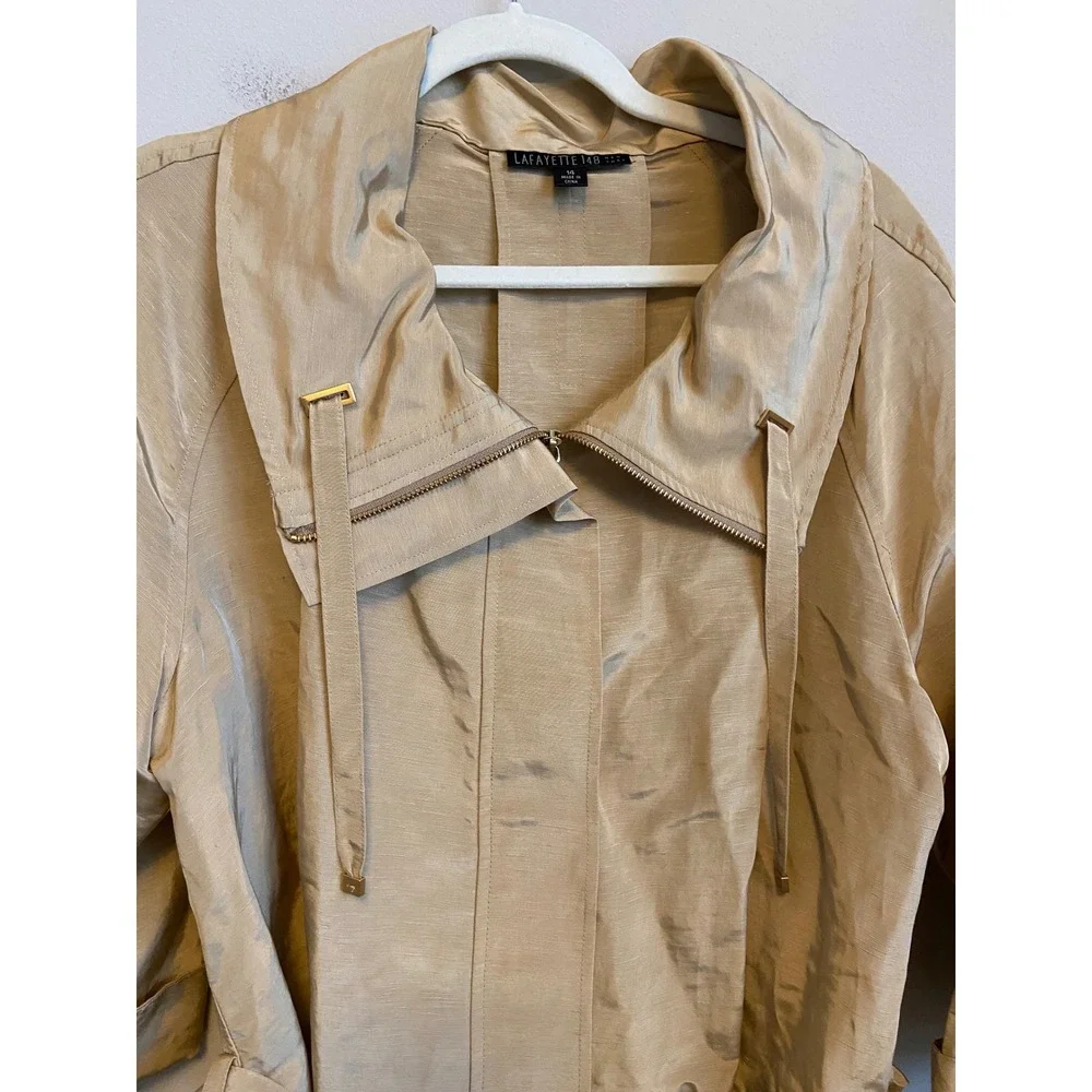 Lafayette 148 New York Gold Linen Cupro Blend Belted Zip Funnel Neck Jacket 14